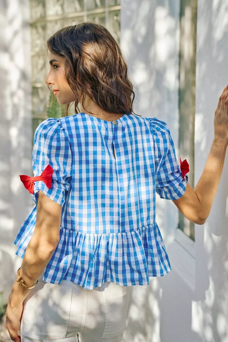 SO ME 4th Of July Gingham Ribbon Detail Short Sleeves Blouse - close up of gingham and ribbon detail