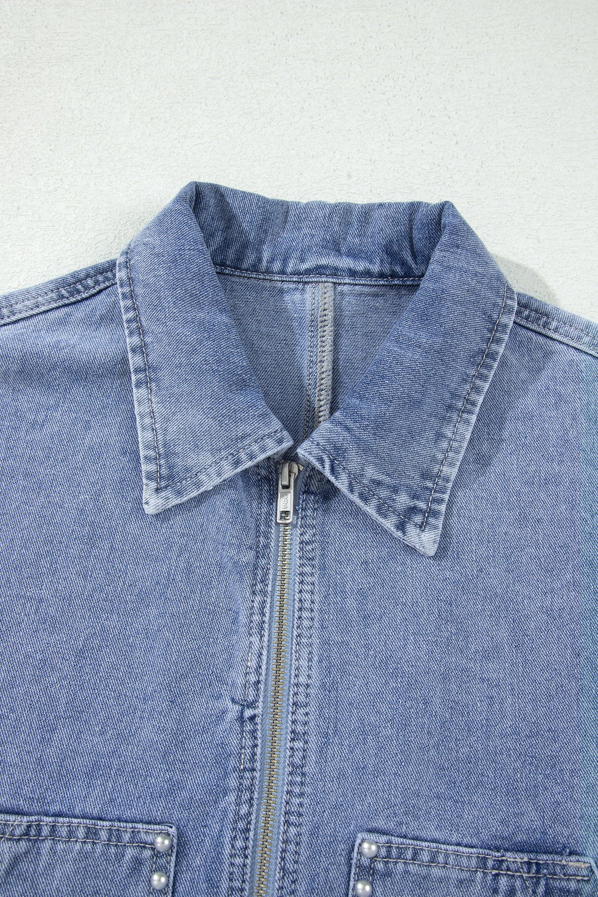 Denim Studded Pocket Zip-Up Jacket in beau blue, close-up