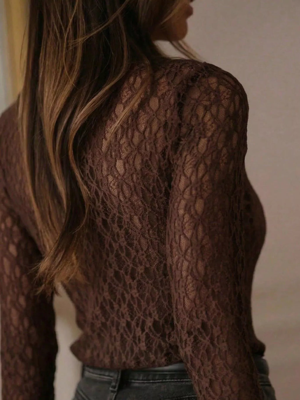 Mock neck sheer lace top, view 17