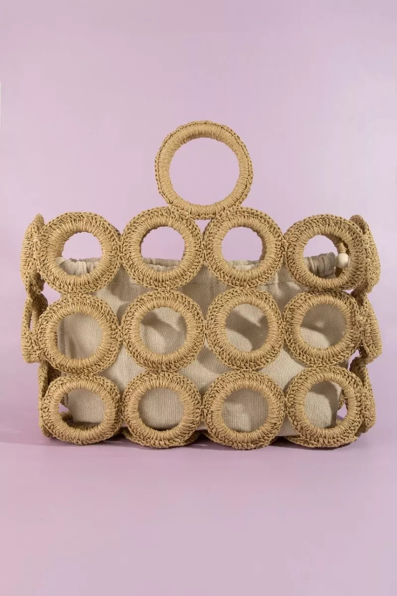Fame Straw Round Pattern Mesh Hand Bag - circular straw mesh bag front view