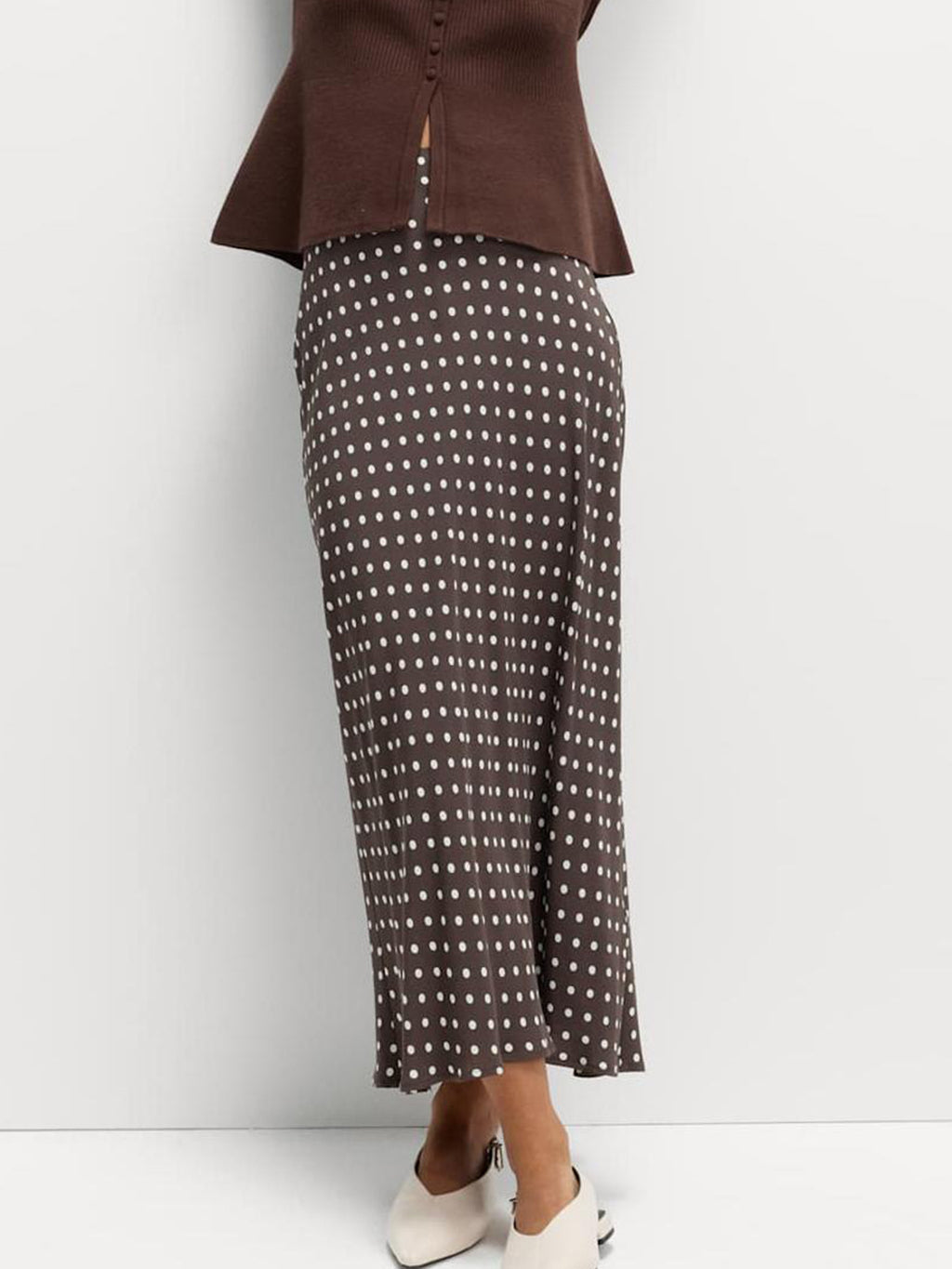 Polka Dot Midi Skirt in Brown - front view showing midi length