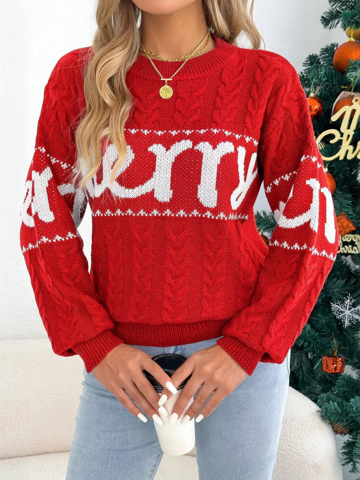 Merry cable knit Christmas sweater in red and green - view 3