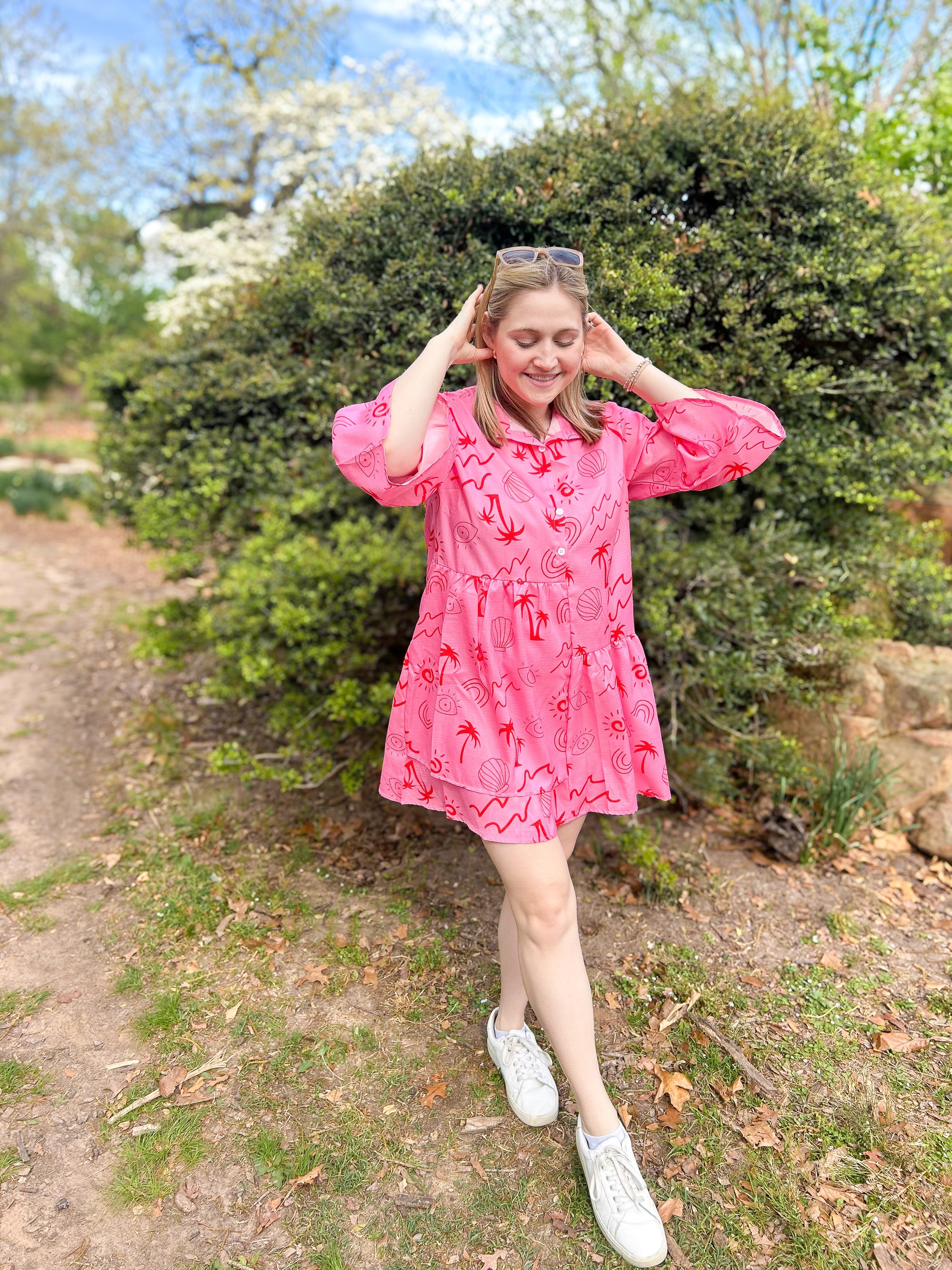 Button Detail Ruffled Hem Printed Mini Dress