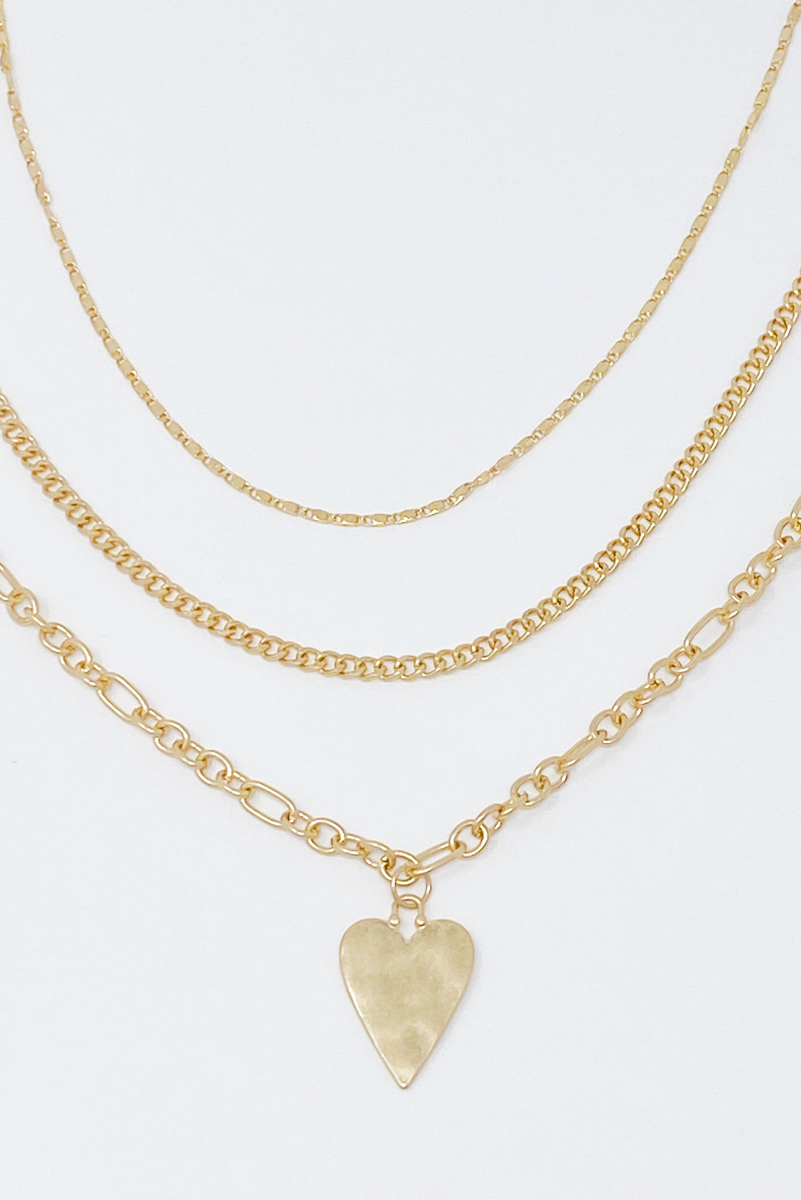 Heart Charm Layered Chain Necklace Set of 3 - all three necklaces layered