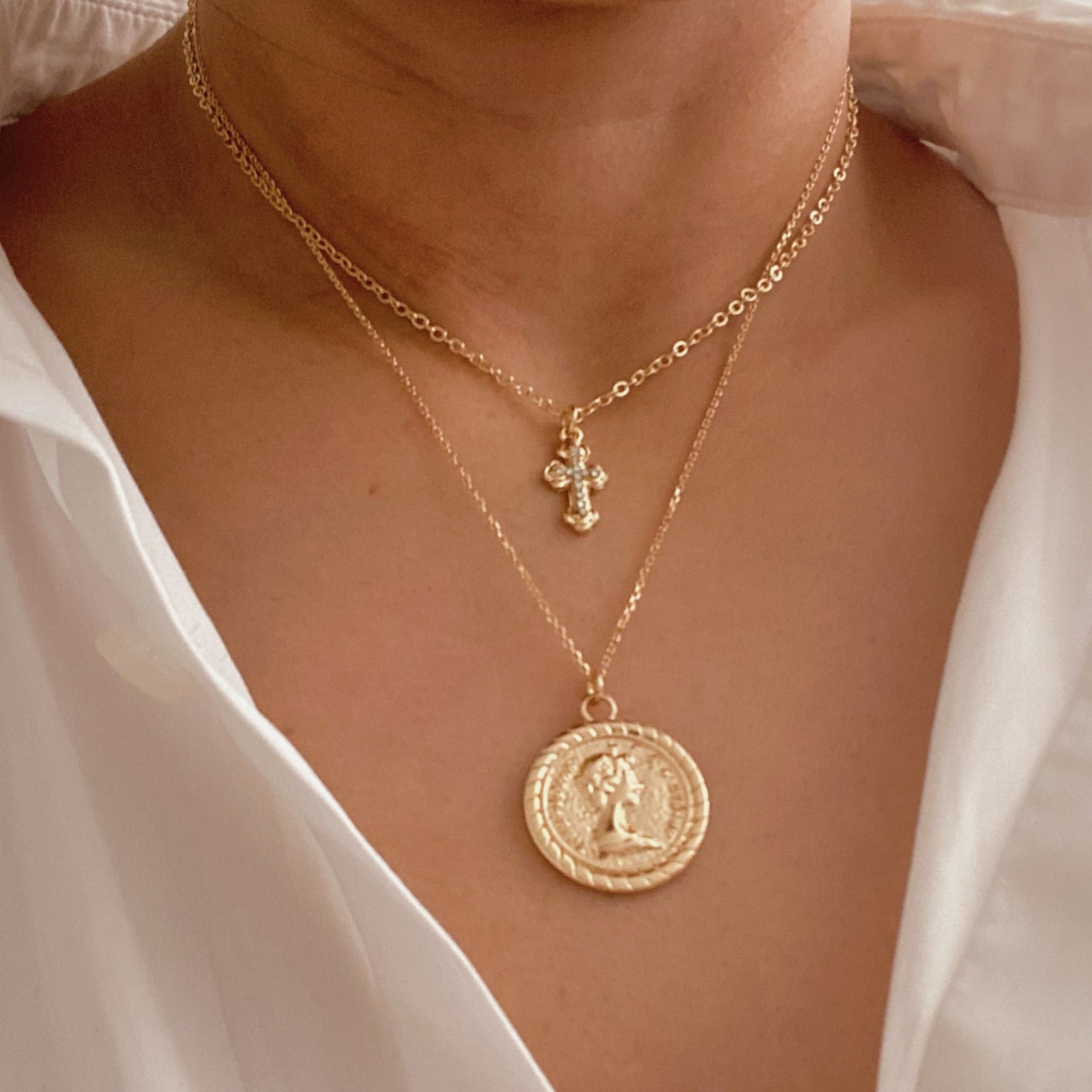 Cross And Coin Layered Necklace - layered with other necklaces