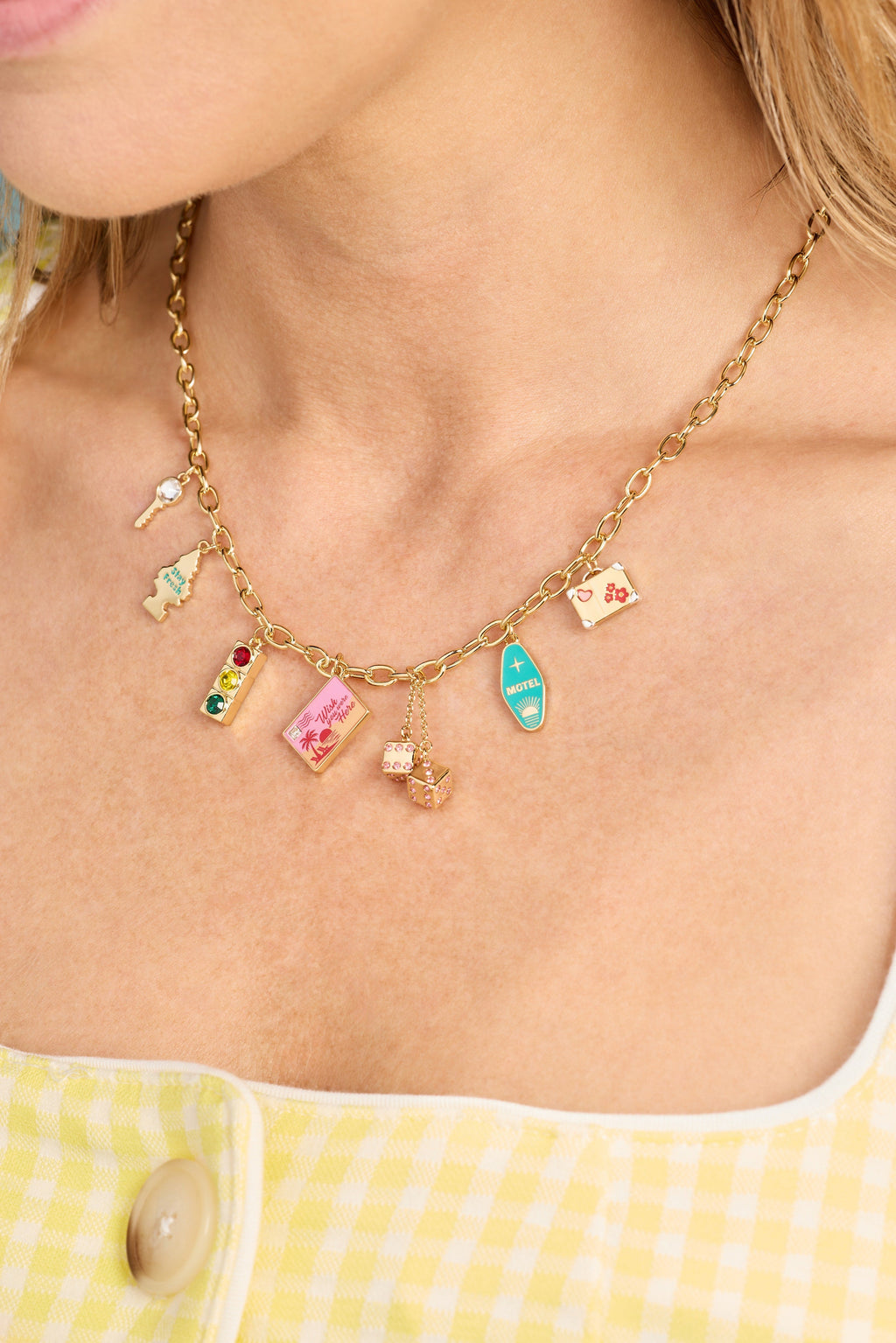 Road Trip Multi-Charm Necklace - close up of travel charms