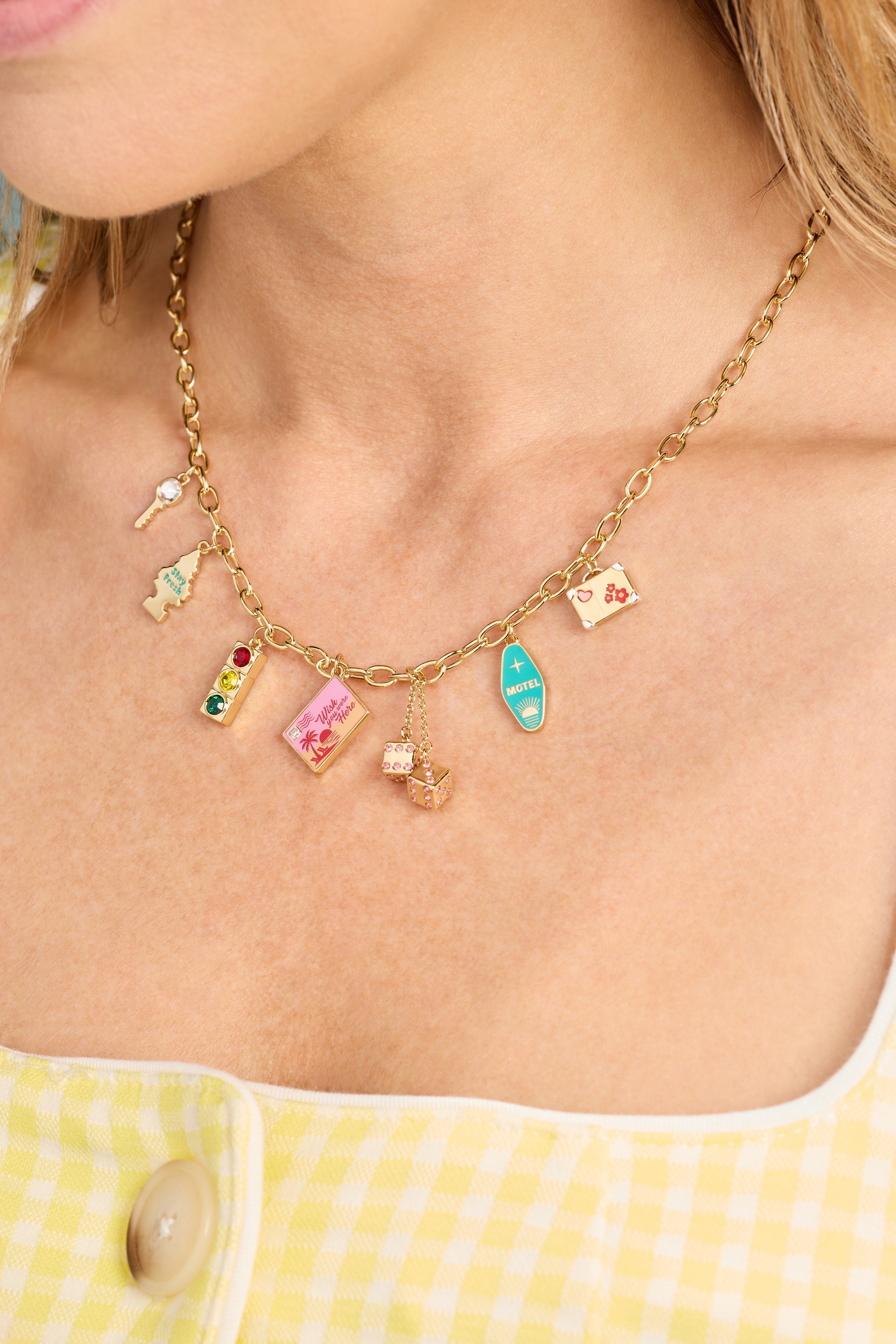 Road Trip Multi-Charm Necklace - close up of travel charms
