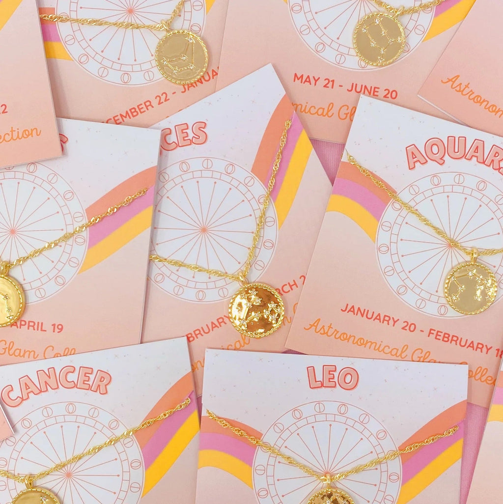 Astronomical Glam Zodiac Constellation Medallion Necklace - multiple zodiac signs flat lay