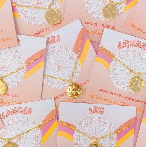 Astronomical Glam Zodiac Constellation Medallion Necklace - multiple zodiac signs flat lay