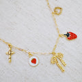 Berry Cute Charm Bracelet with strawberry bow and heart charms - gold tone
