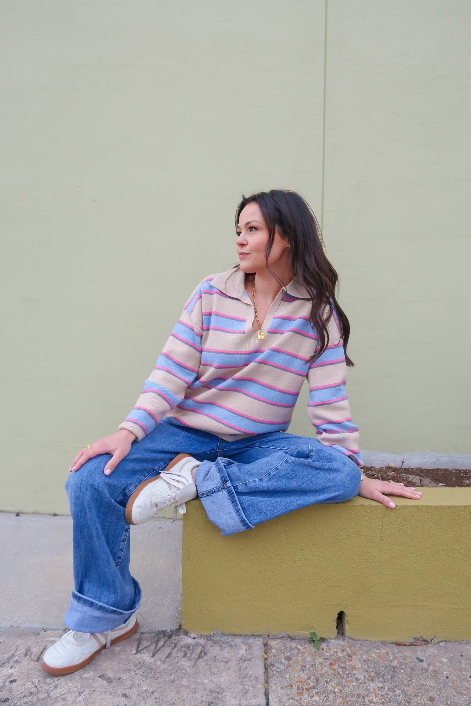 Striped Color Block Johnny Collar Sweater