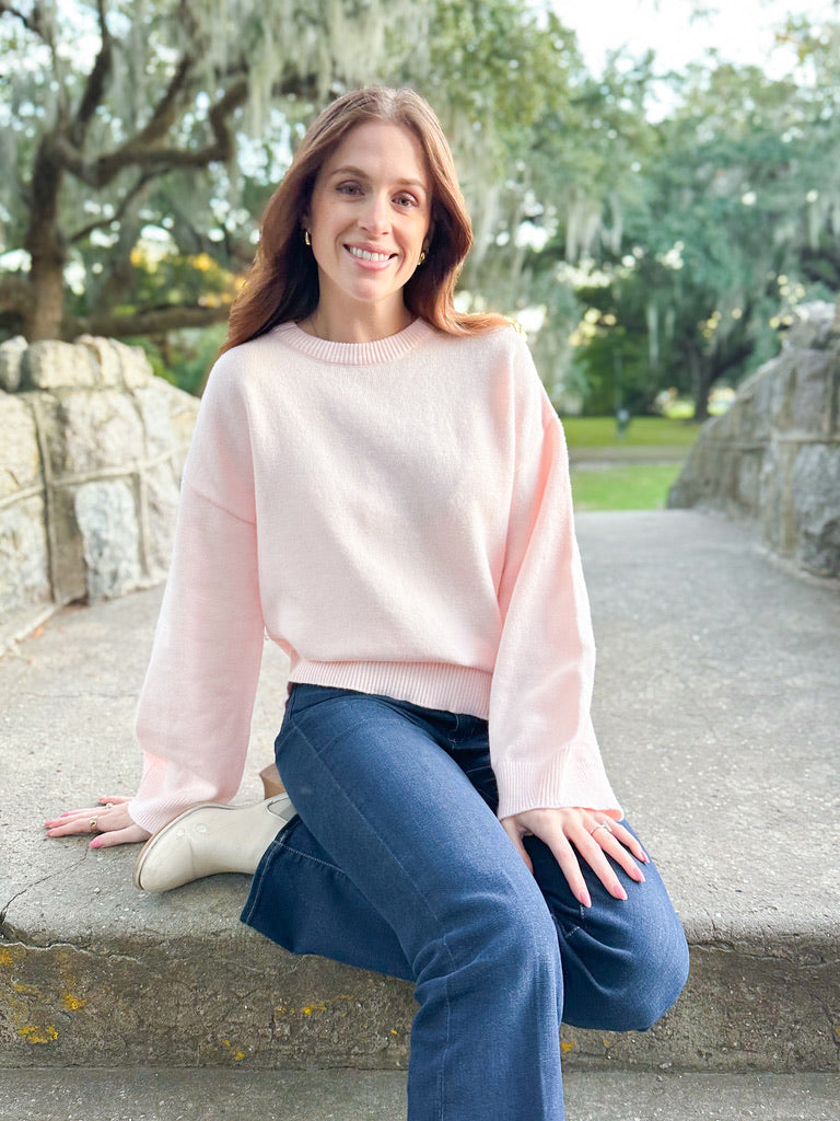 Ribbed Round Neck Dropped Shoulder Sweater