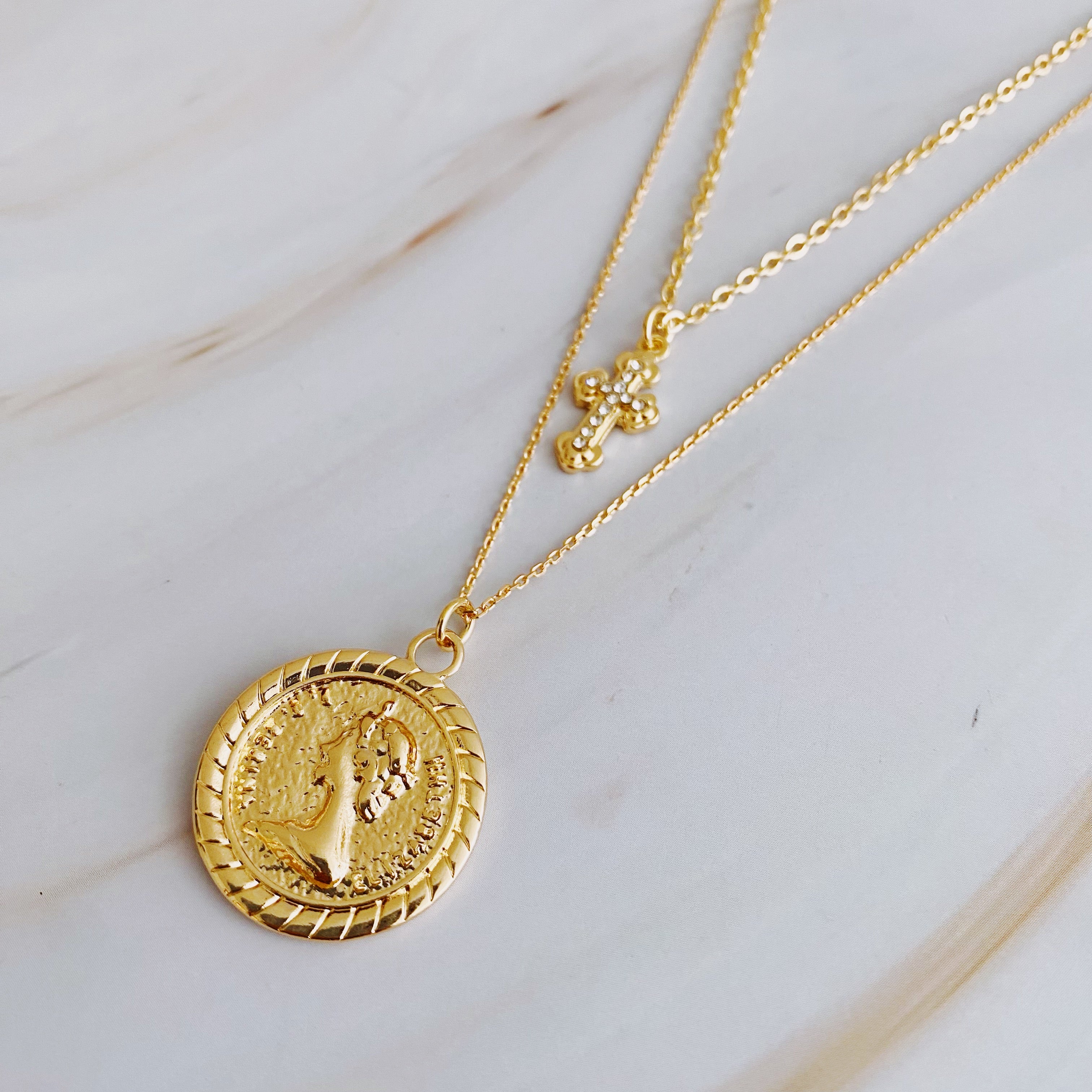 Cross And Coin Layered Necklace - glammed cross and coin pendants on layered chain