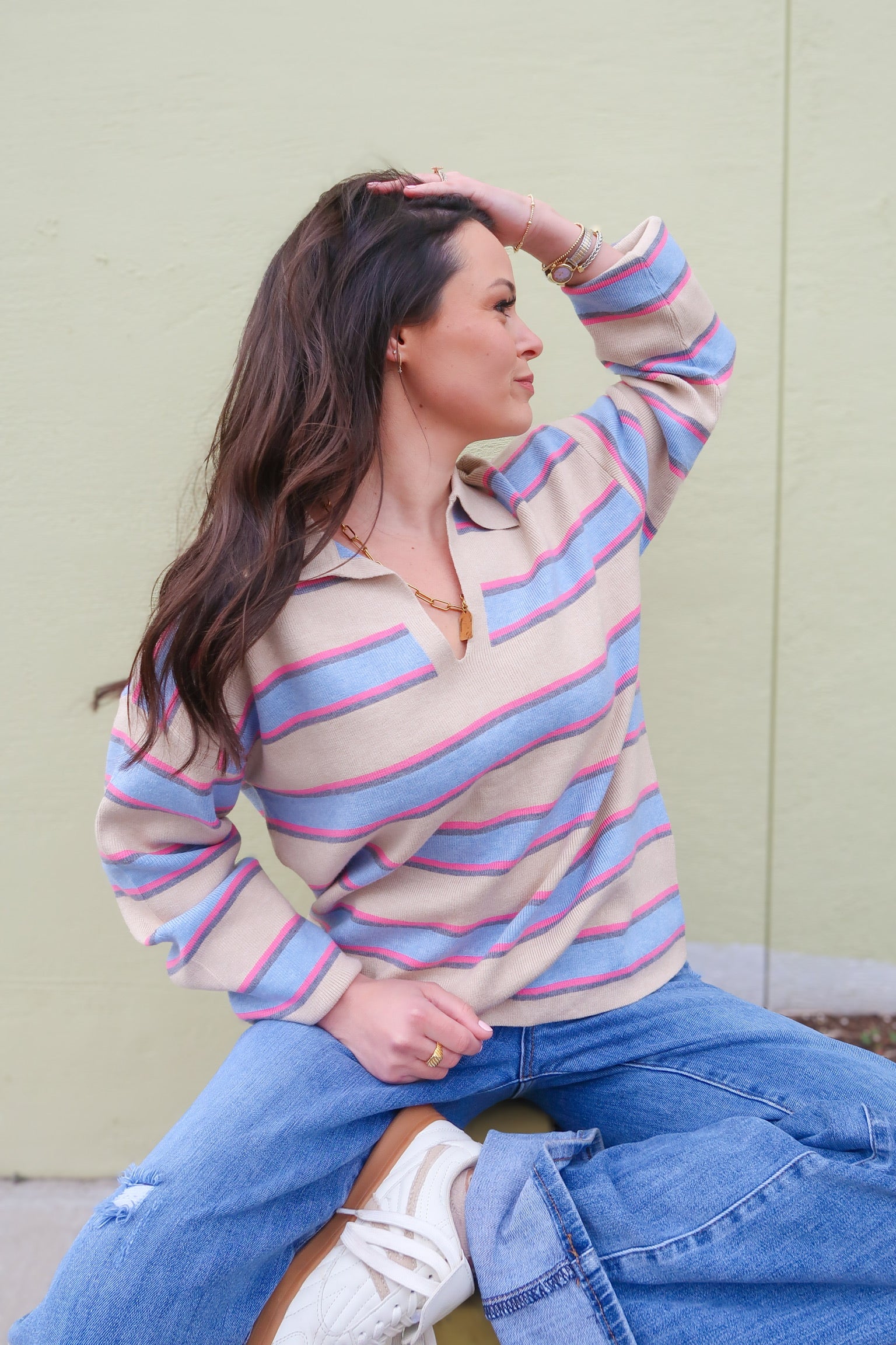 Striped Color Block Johnny Collar Sweater