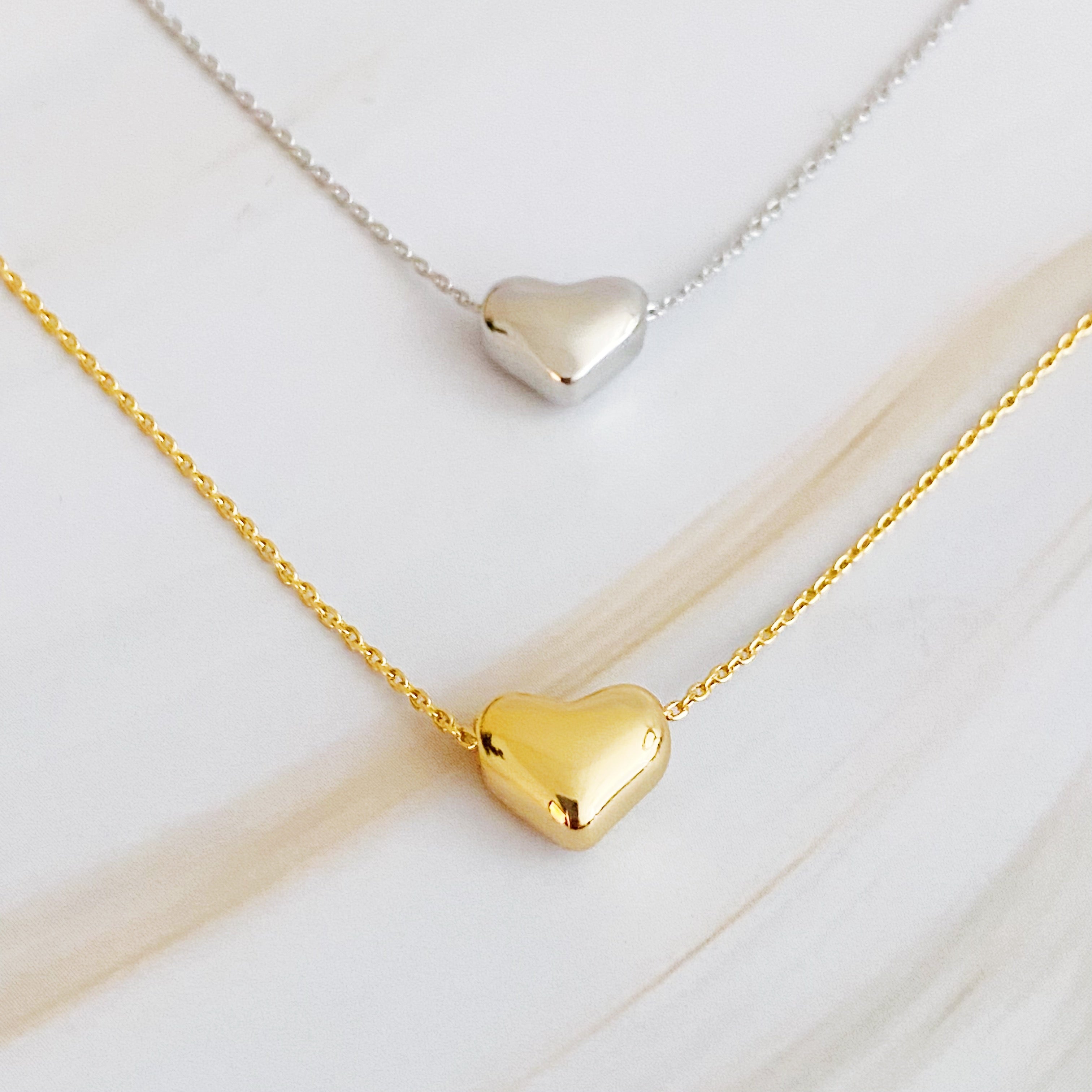 Love Bean Heart Necklace in Gold - puffy heart charm on delicate chain