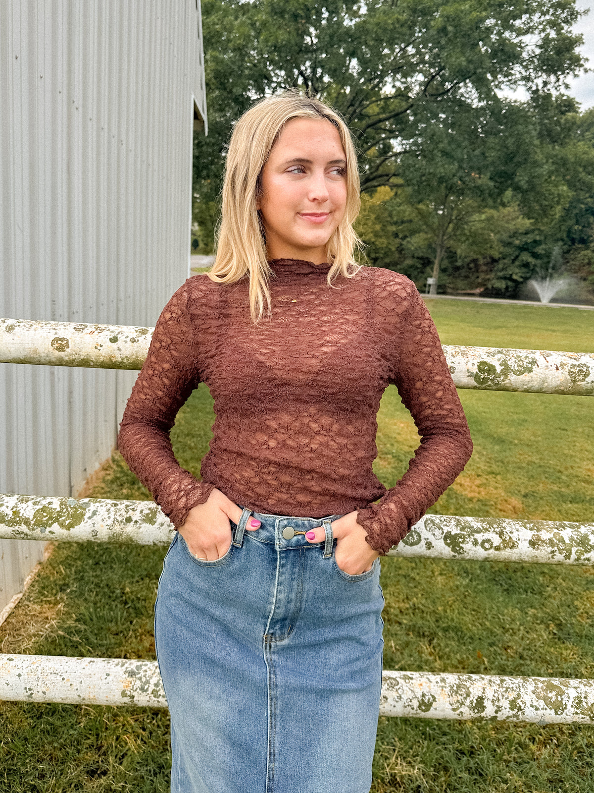 Mock Neck Sheer Lace Top