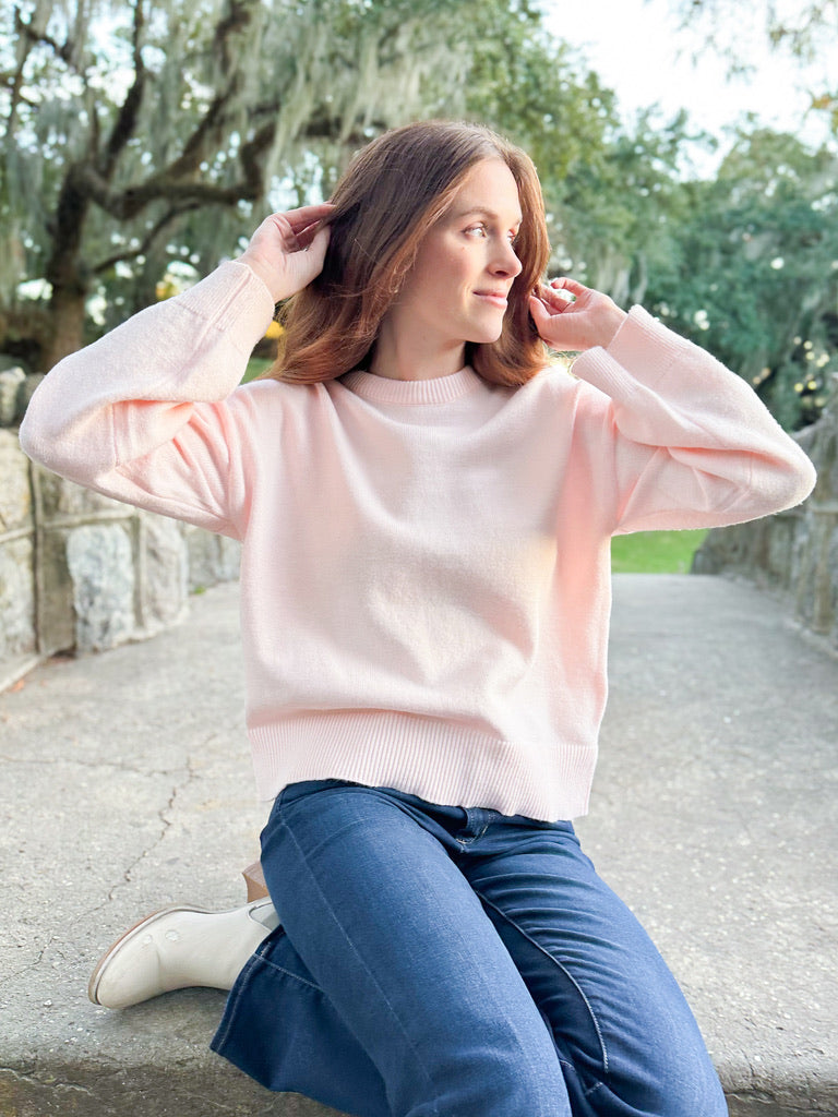 Ribbed Round Neck Dropped Shoulder Sweater