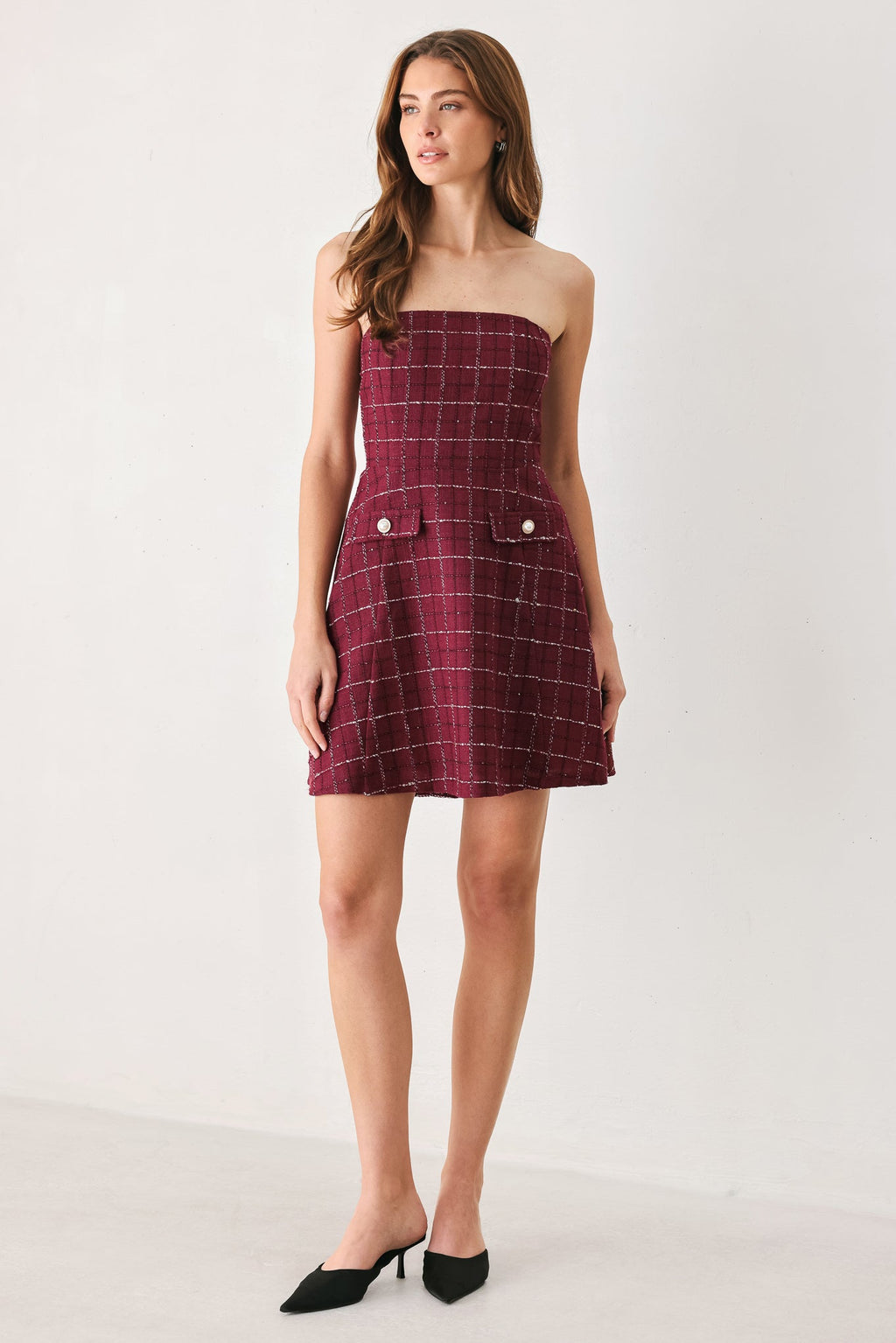 Tweed Strapless Woven Dress in wine, styled view