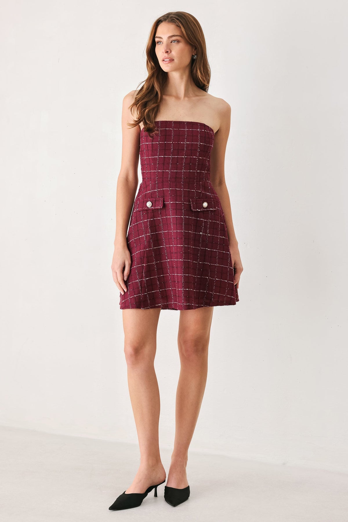 Tweed Strapless Woven Dress in wine, styled view