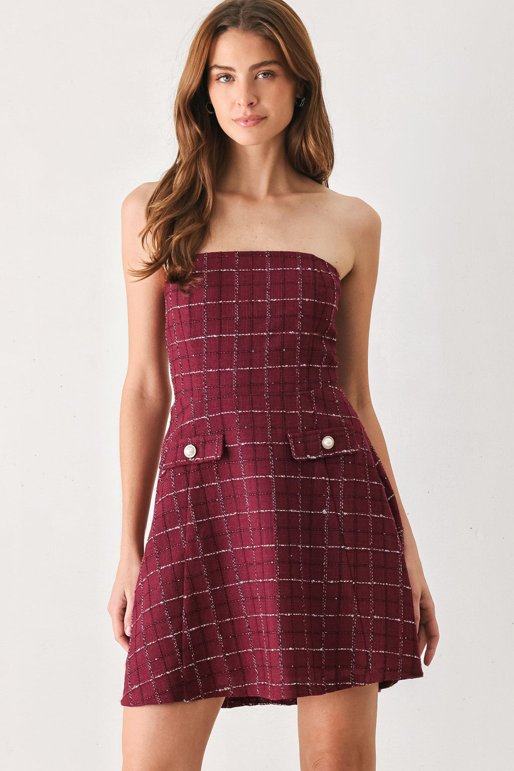 Tweed Strapless Woven Dress in wine, front view