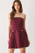 Tweed Strapless Woven Dress in wine, front view