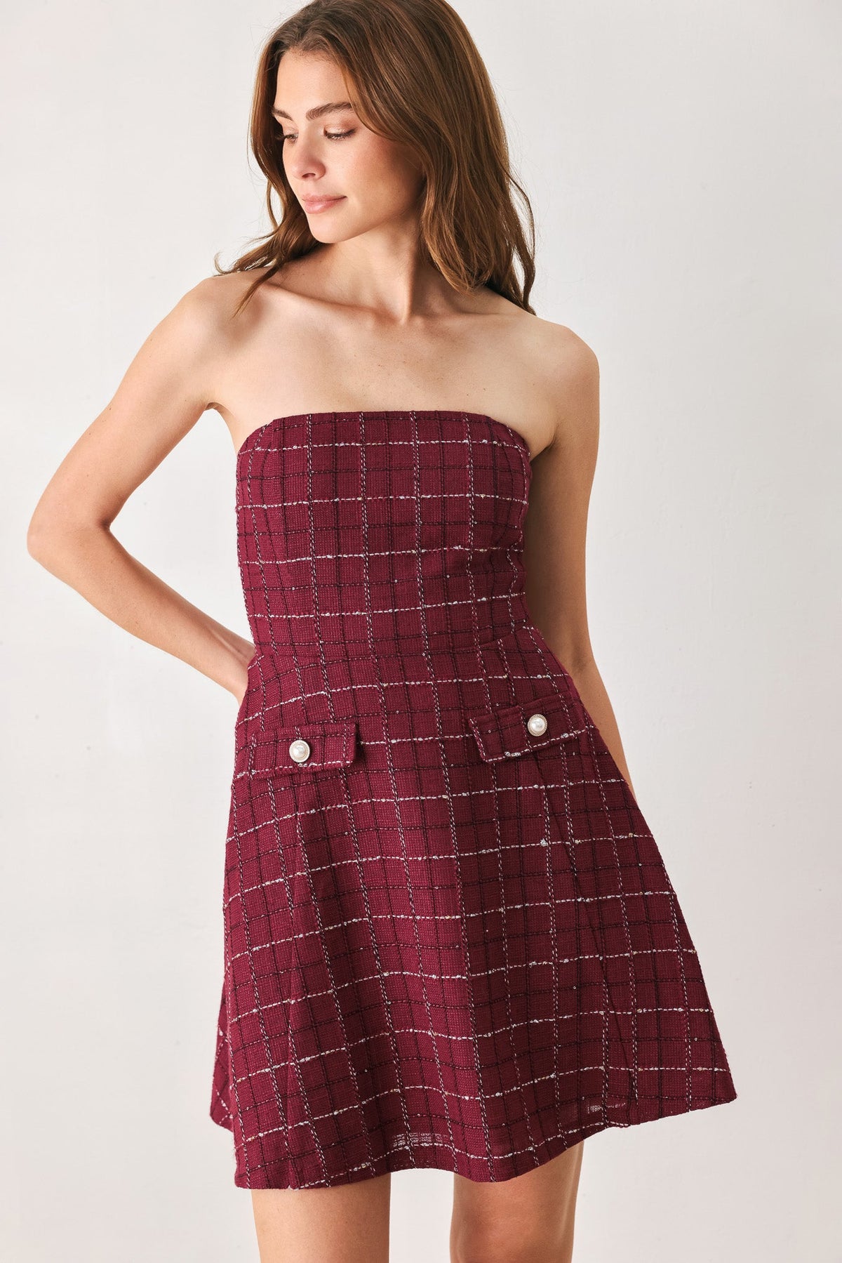 Tweed Strapless Woven Dress in wine, back view