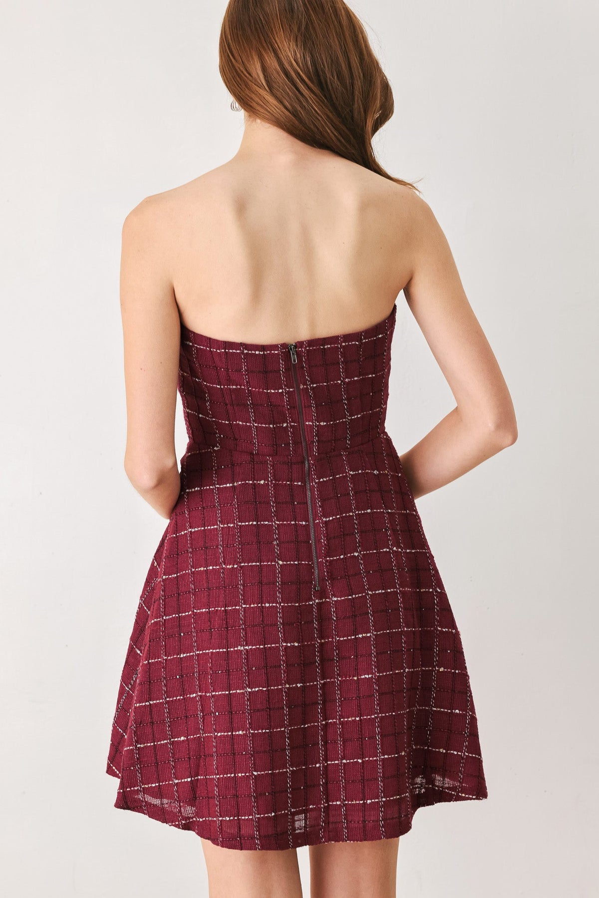 Tweed Strapless Woven Dress in wine, close-up detail