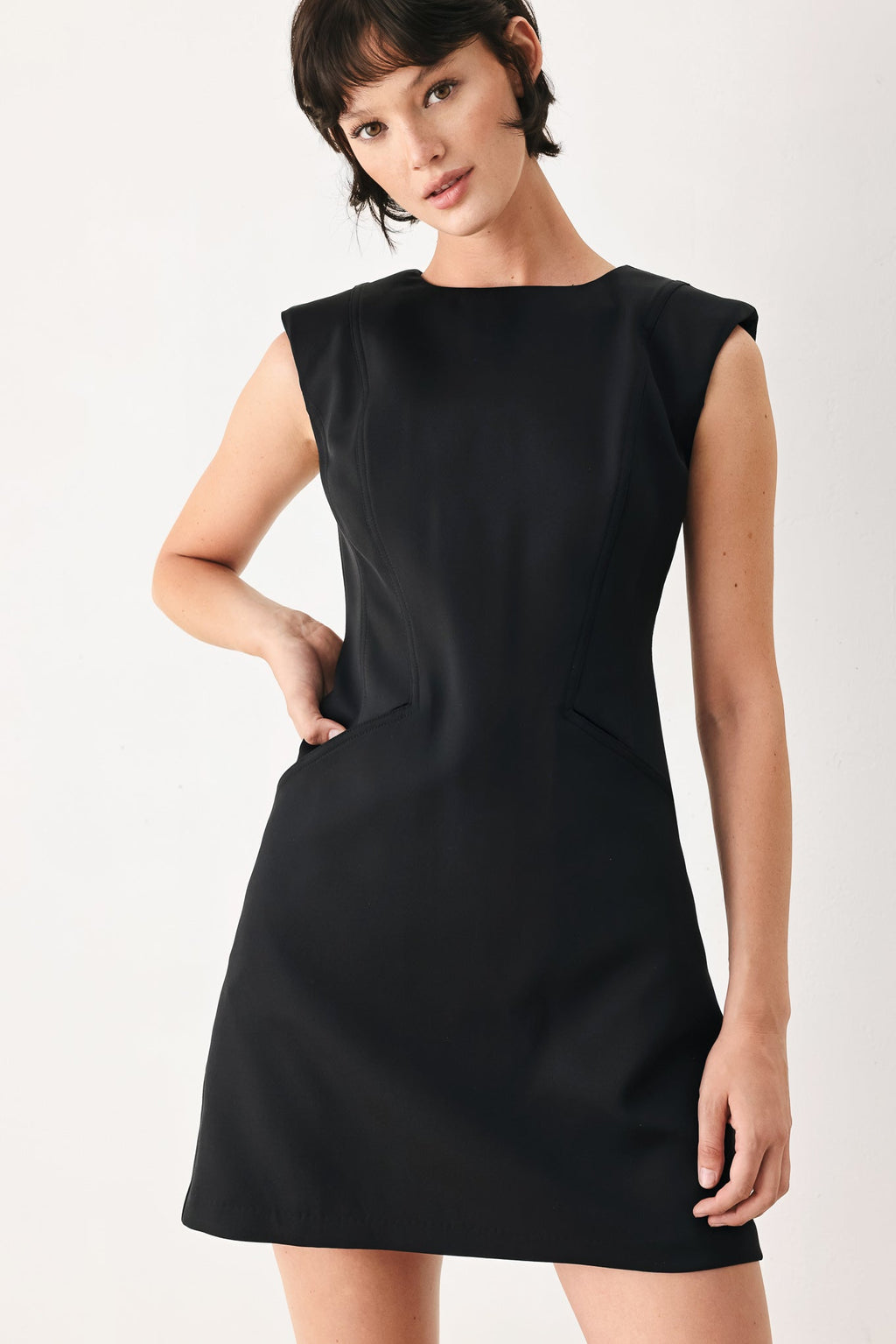 The Modern Icon Woven Shift Dress in Red - front view showing wide round neckline