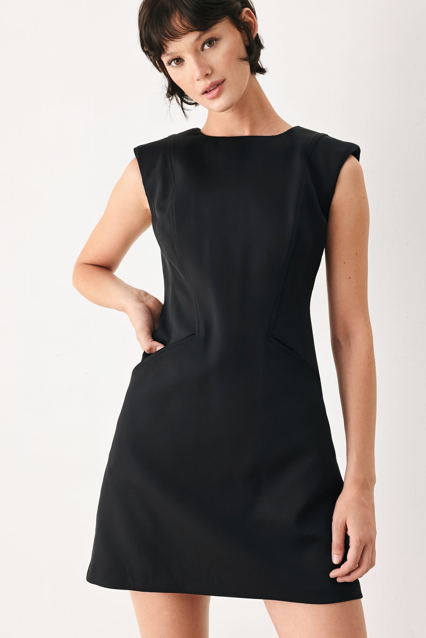 The Modern Icon Woven Shift Dress in Red - front view showing wide round neckline