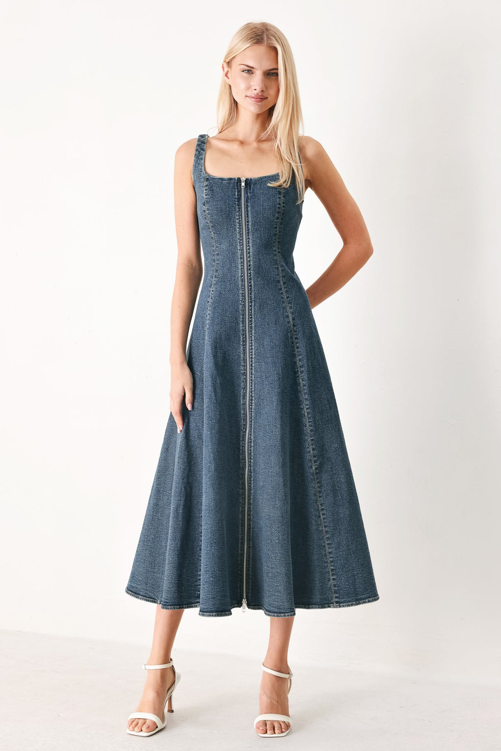 Shape of Blue Denim Midi Dress - side view showing midi length
