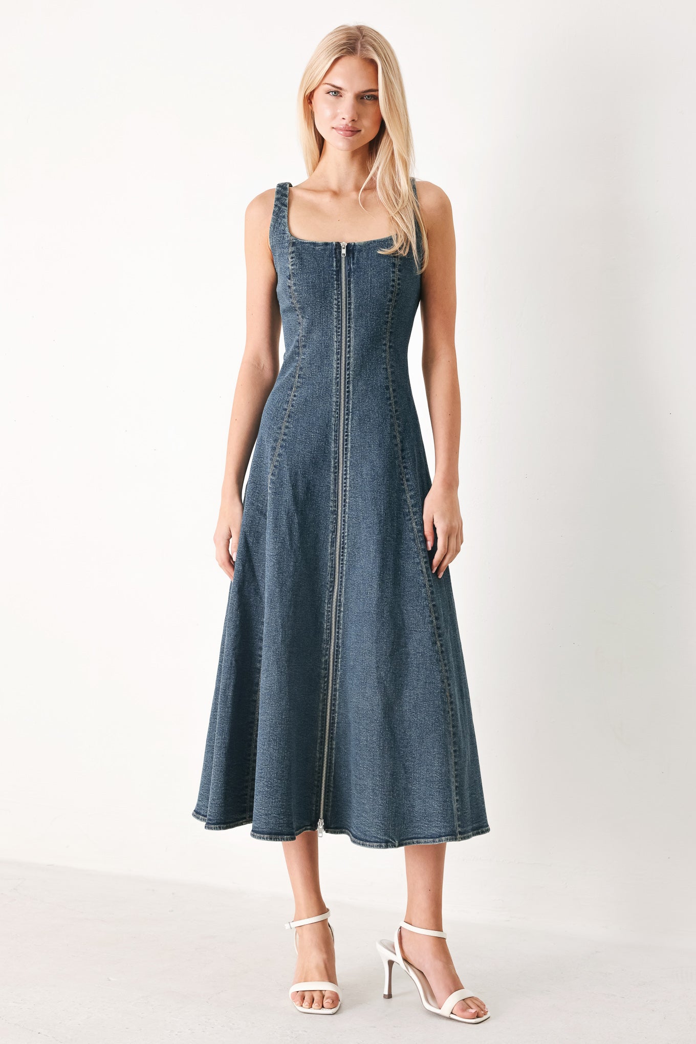 Shape of Blue Denim Midi Dress - close up of denim fabric and zipper detail