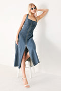 Shape of Blue Denim Midi Dress in Denim - front view showing square neck and circle skirt