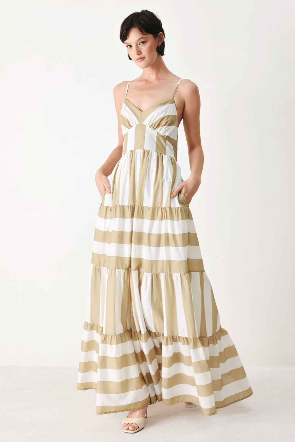Sunkissed Boardwalk Woven Maxi Dress in Taupe White with stripe print, cami-style bodice, smocked back, and tiered skirt shown on model