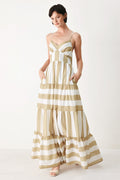 Sunkissed Boardwalk Woven Maxi Dress in Taupe White with stripe print, cami-style bodice, smocked back, and tiered skirt shown on model
