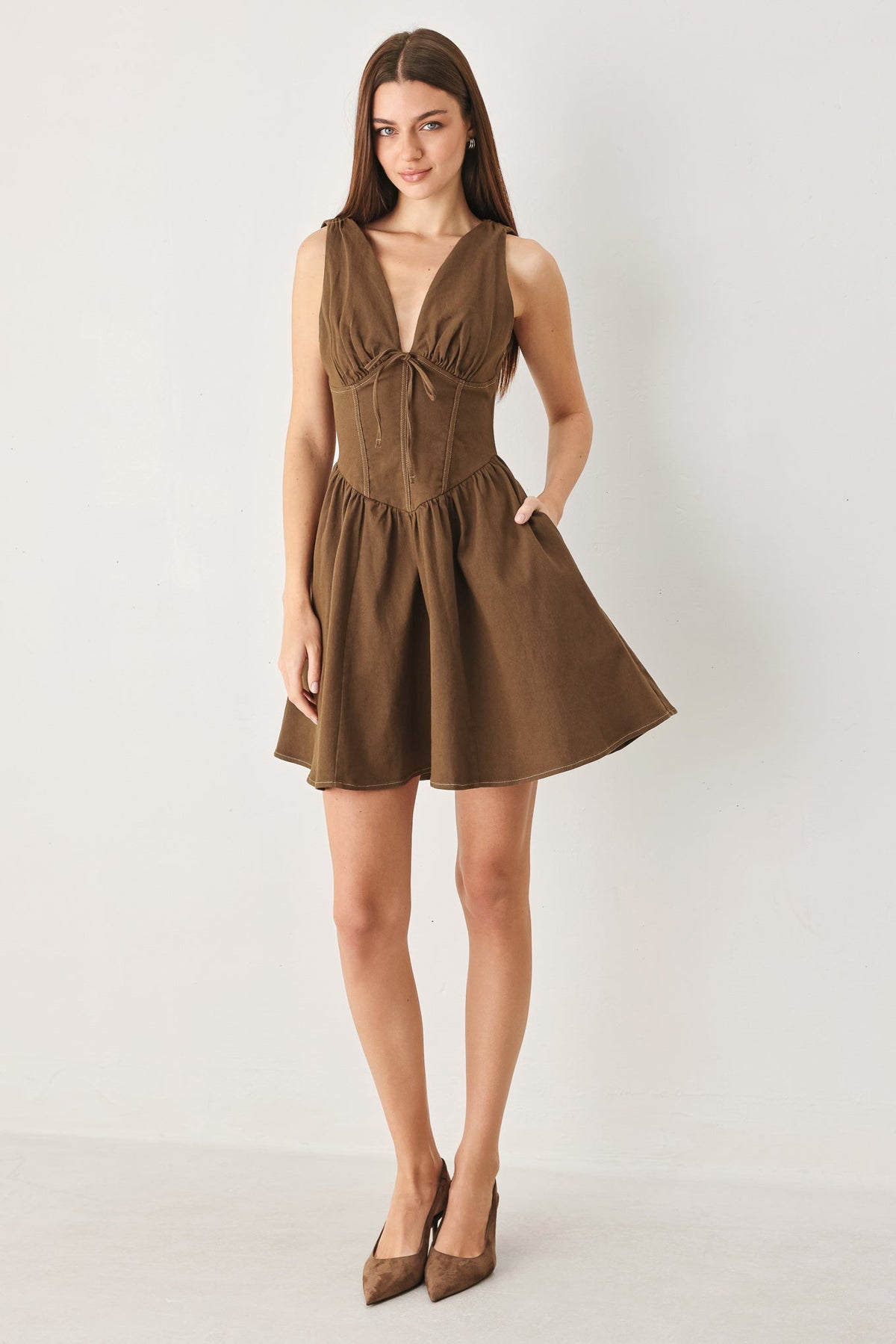 Corset Waist Tie-Neck Woven Mini Dress in brown, front view