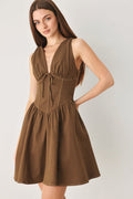 Corset Waist Tie-Neck Woven Mini Dress in brown, detail