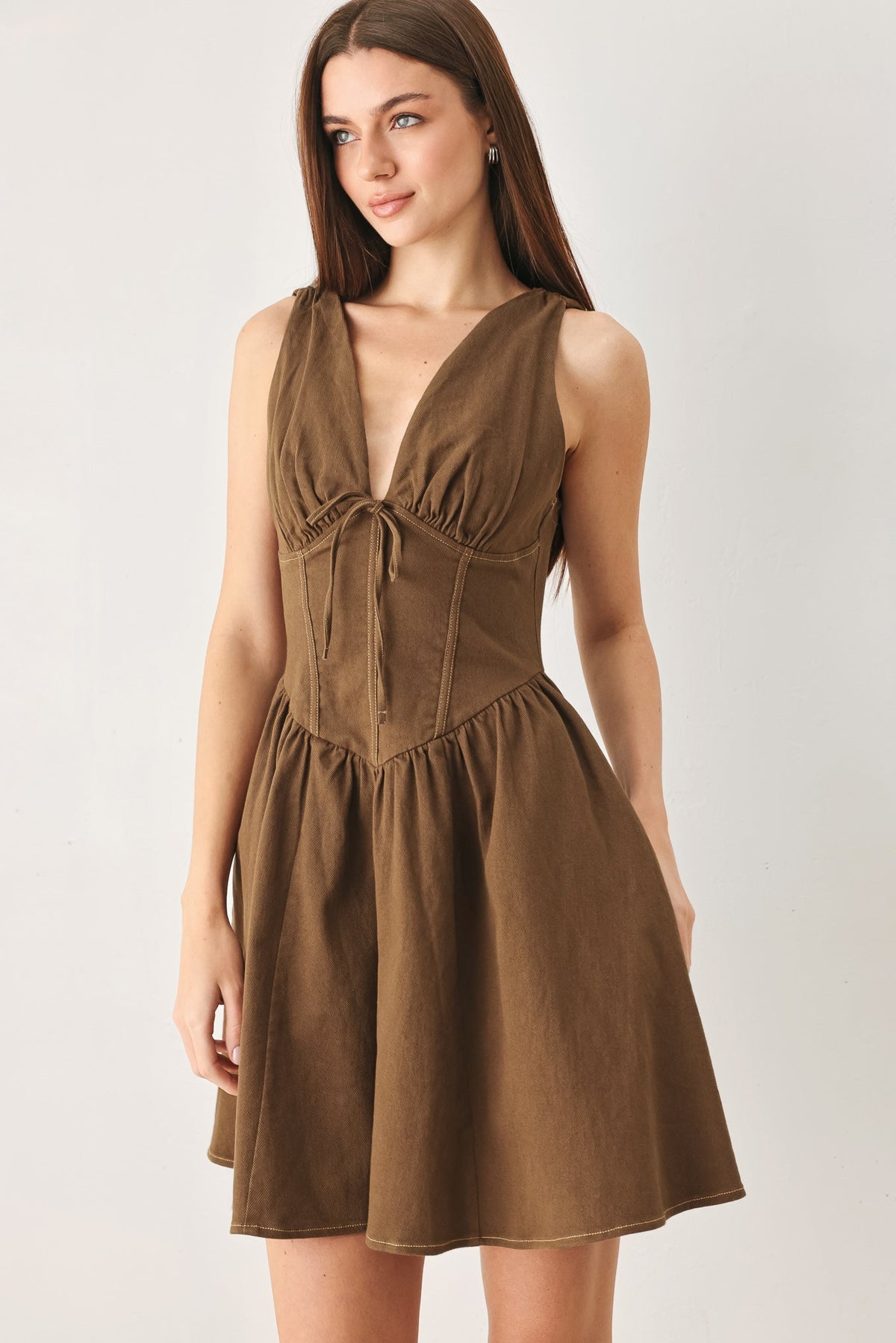Corset Waist Tie-Neck Woven Mini Dress in brown, side view