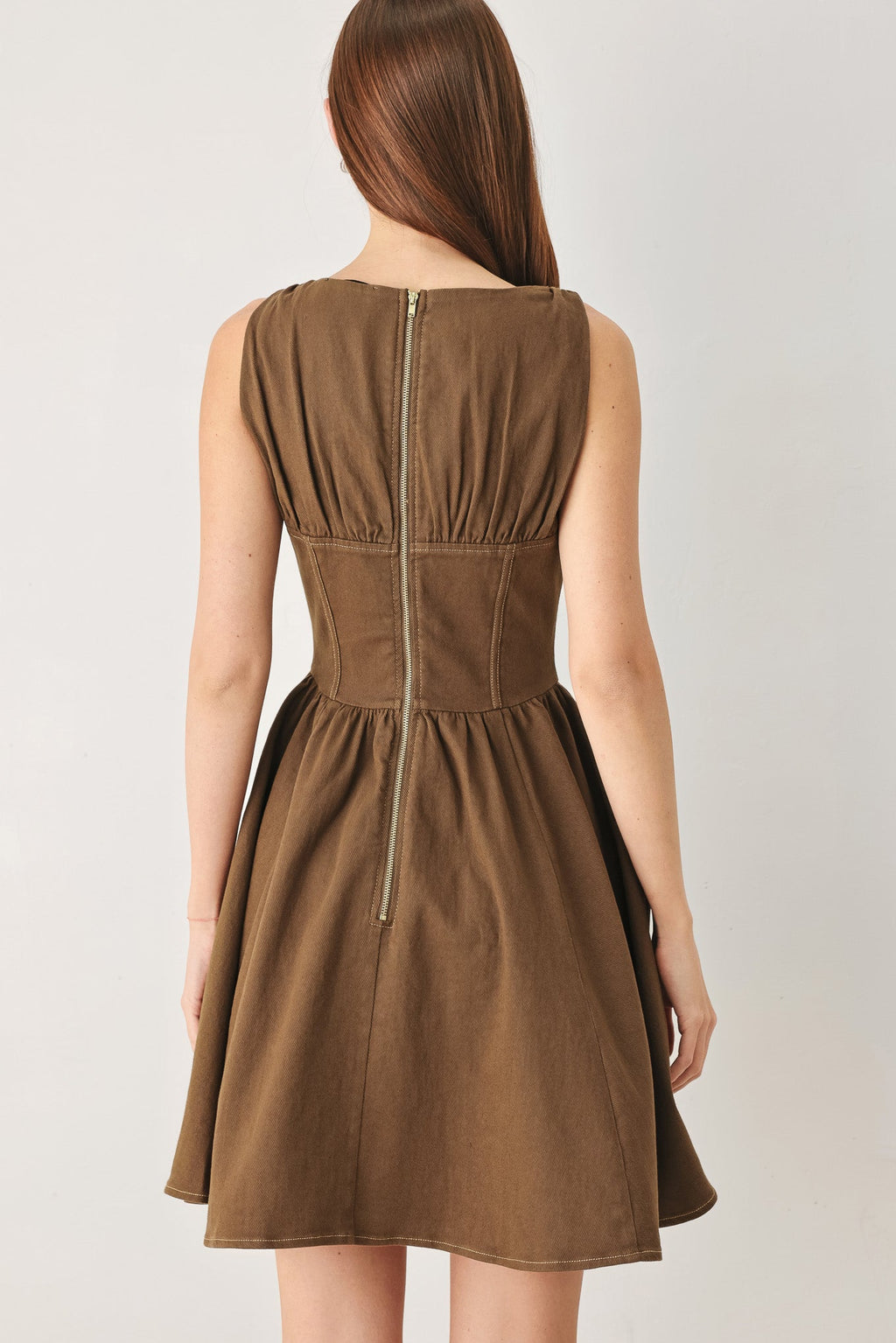 Corset Waist Tie-Neck Woven Mini Dress in brown, close-up