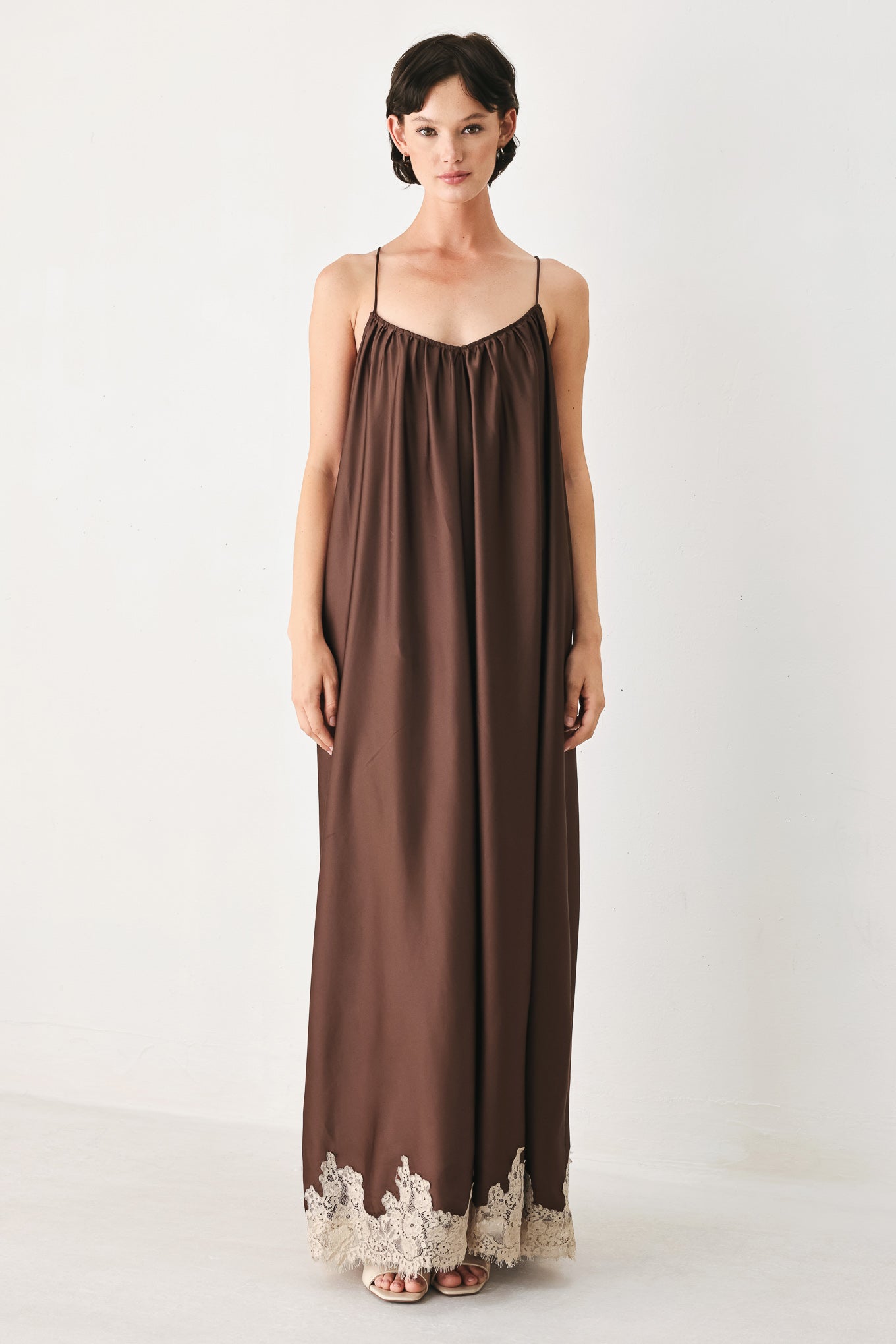 Truffle Dream Woven Midi Slip Dress - side view showing midi length and drape