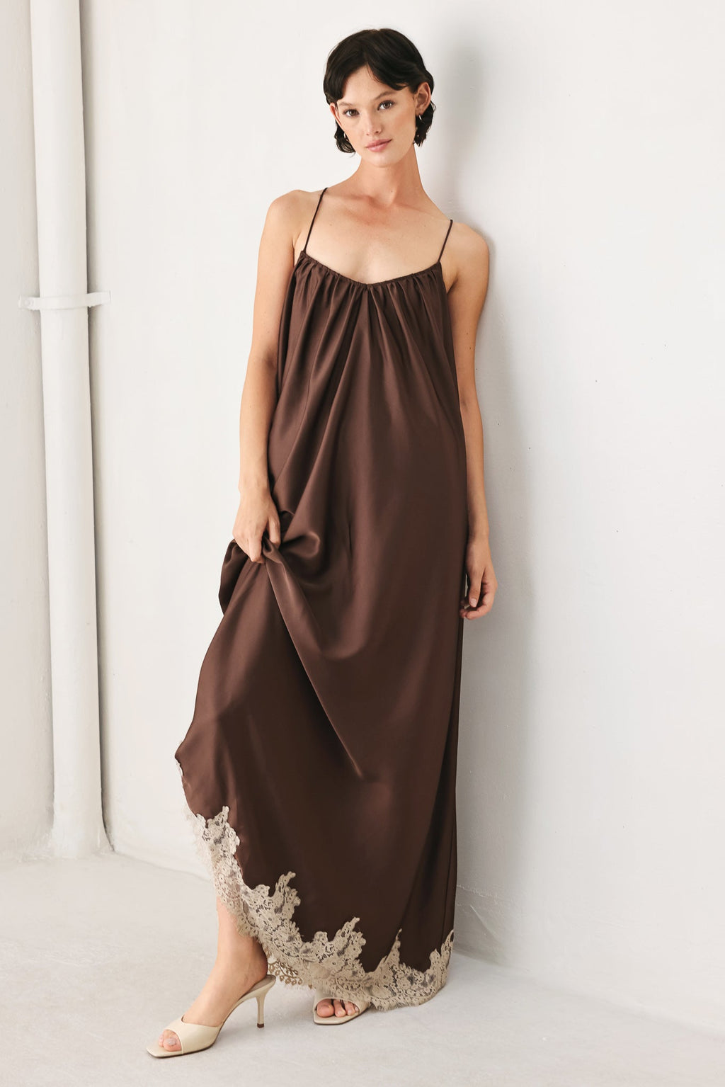 Truffle Dream Woven Midi Slip Dress in Brown - front view showing midi silhouette
