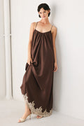 Truffle Dream Woven Midi Slip Dress in Brown - front view showing midi silhouette