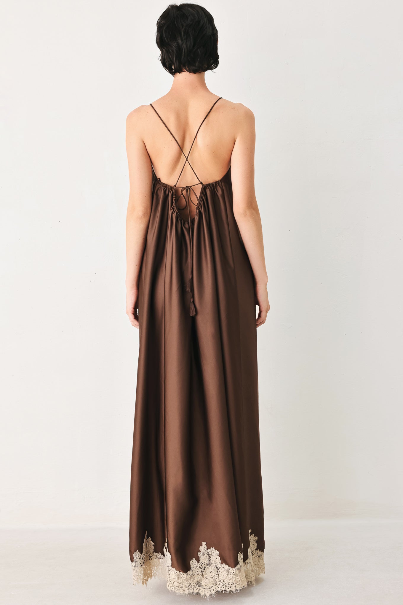 Truffle Dream Woven Midi Slip Dress in Brown - back view showing open back and cross strap detail