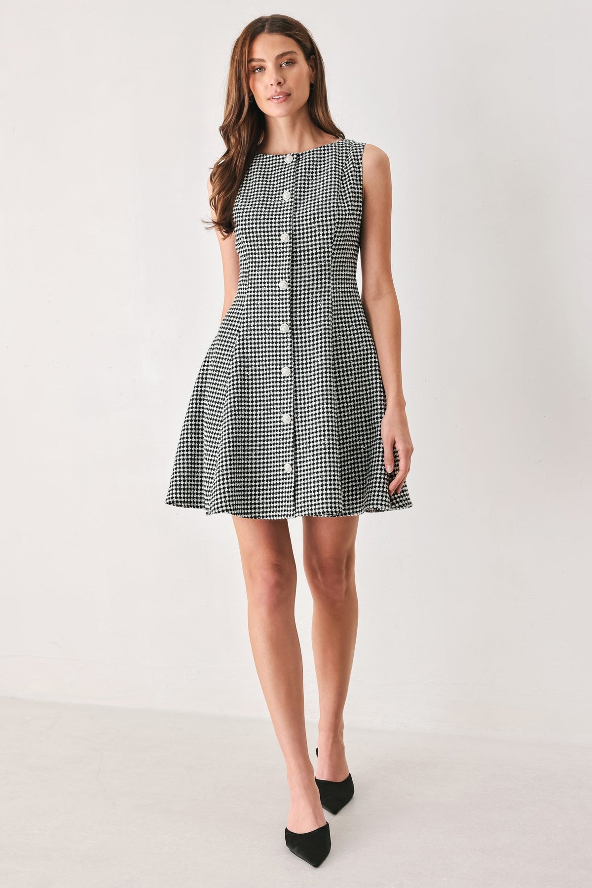 Houndstooth Sequin Skater Mini Dress in black and white, front view