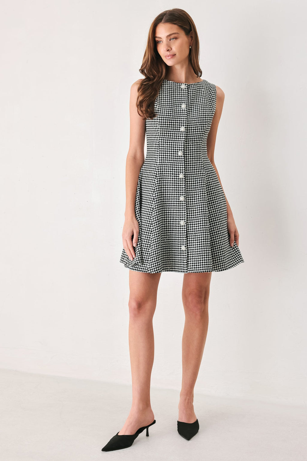Houndstooth Sequin Skater Mini Dress in black and white, back view
