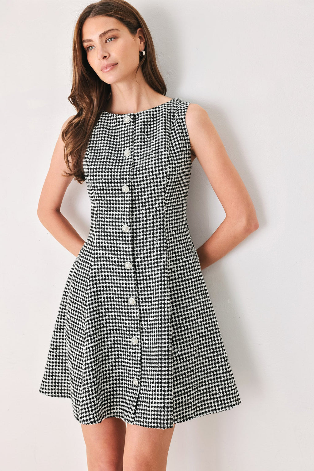 Houndstooth Sequin Skater Mini Dress in black and white, styled view