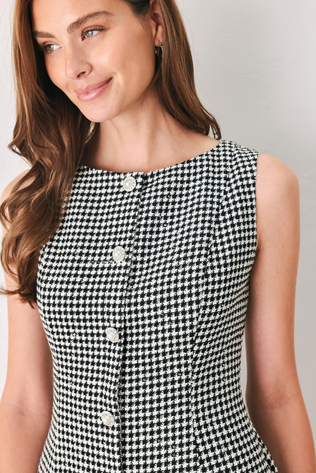 Houndstooth Sequin Skater Mini Dress in black and white, detail view