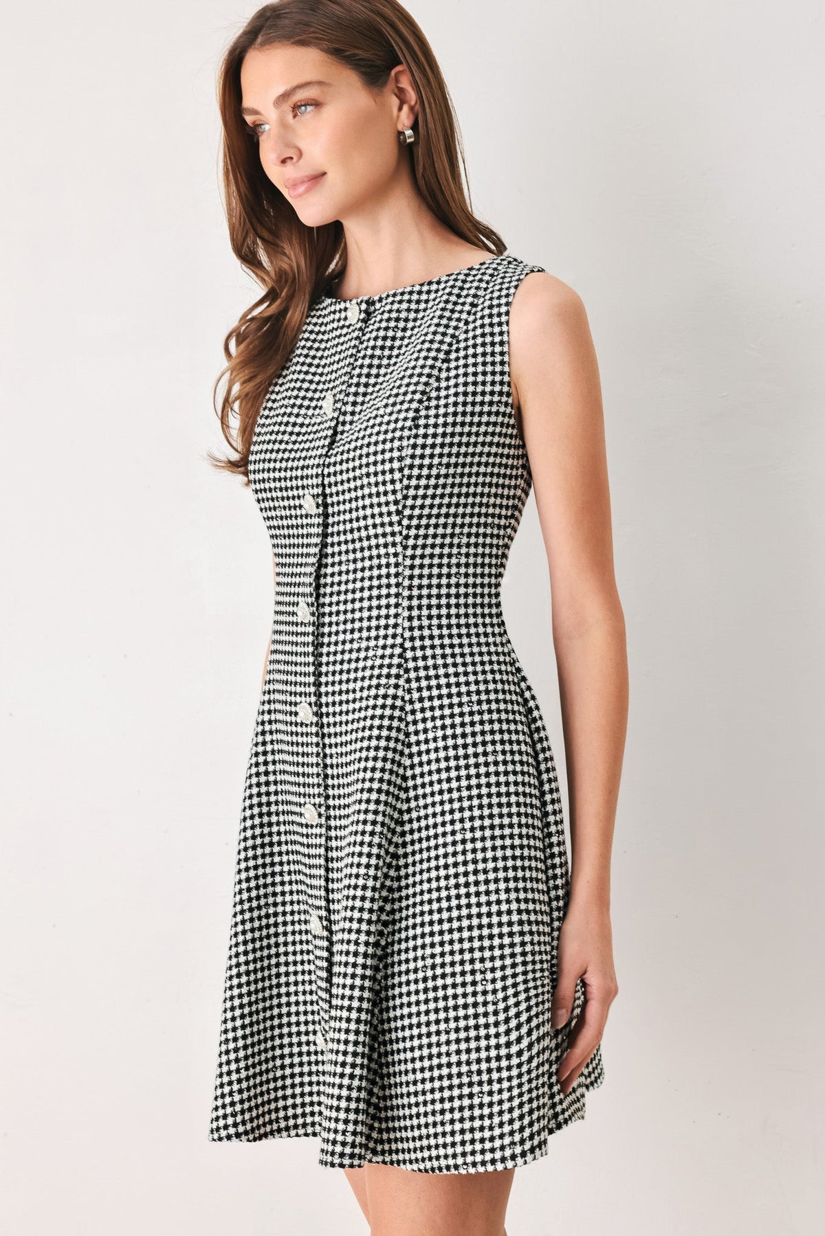 Houndstooth Sequin Skater Mini Dress in black and white, side view