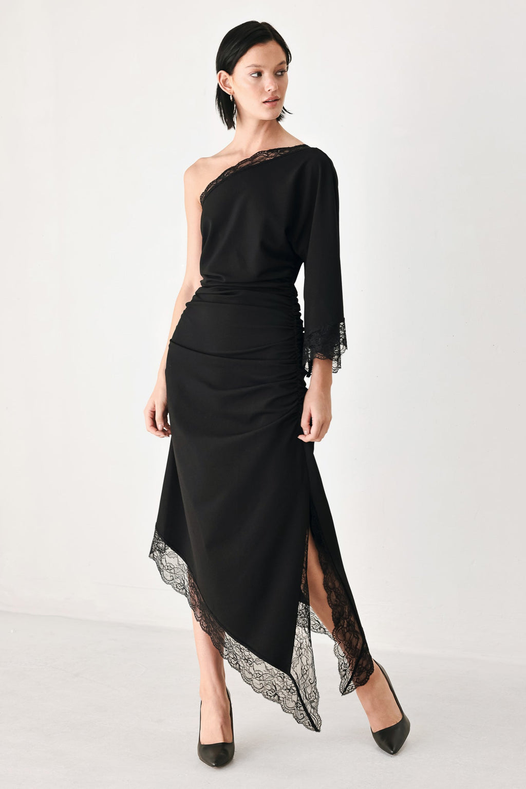After Hours Lace Trim Asymmetric Midi Dress - front view