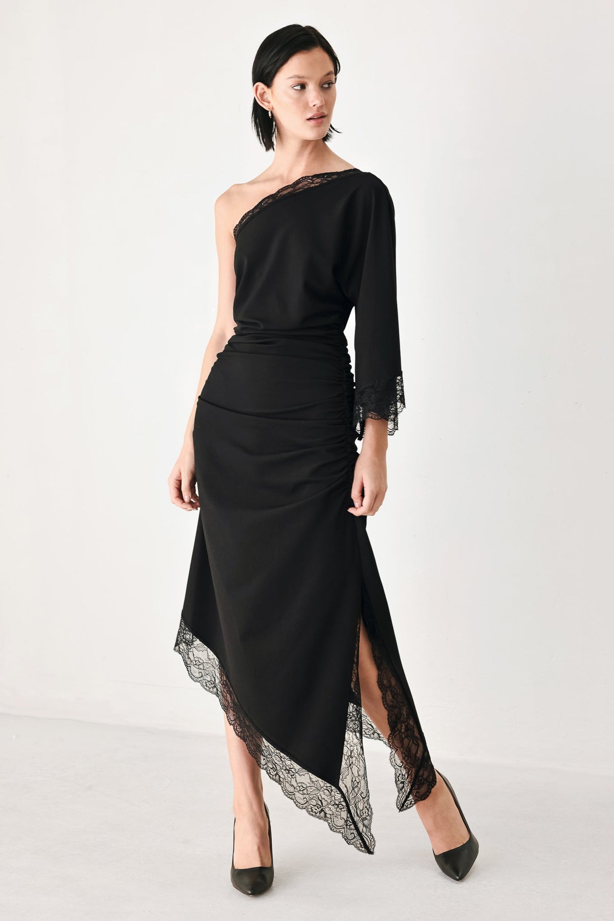 After Hours Lace Trim Asymmetric Midi Dress - front view
