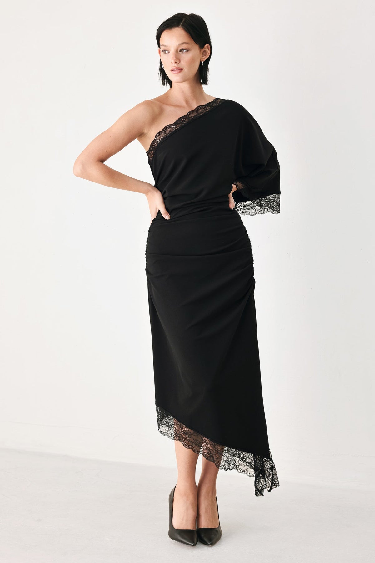 After Hours Lace Trim Asymmetric Midi Dress - side view
